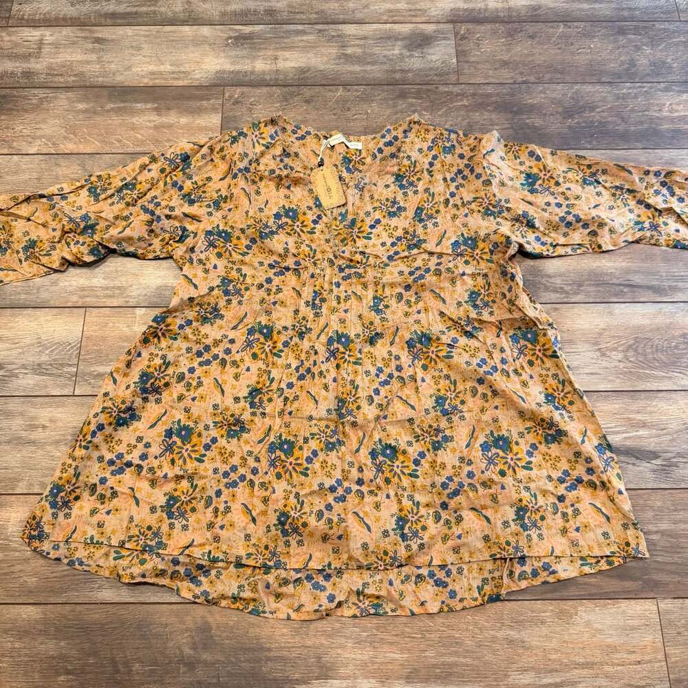 Natural Life Floral Tunic Top Size L/XL Yellow Blue Blouse Shirt